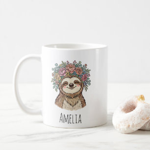 Caneca De Café Preguiça Floral Fofa Personalizada com Coroa de Fl