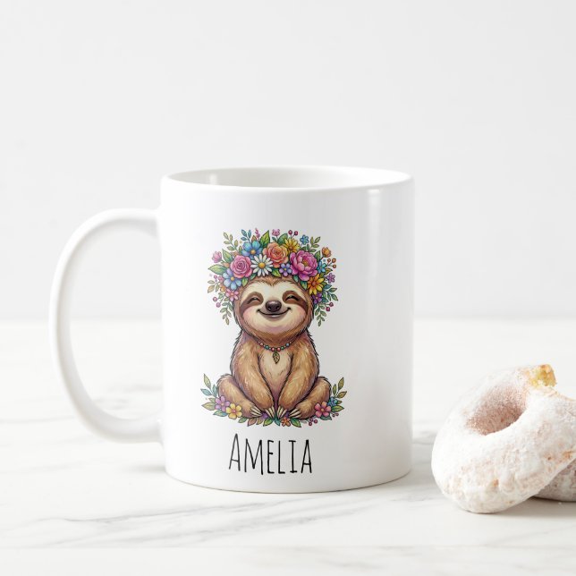 Caneca De Café Preguiça Floral Fofa Personalizada com Coroa de Fl (Com Donut)
