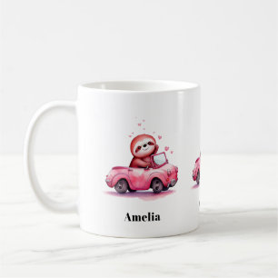 Caneca De Café Preguiça Fofa Dirigindo um Conversível Rosa