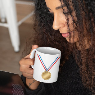 Caneca De Café Prêmio Medalha de Ouro com Fita Azul Vermelho Bran