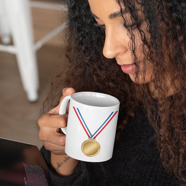 Caneca De Café Prêmio Medalha de Ouro com Fita Azul Vermelho Bran (Criador carregado)