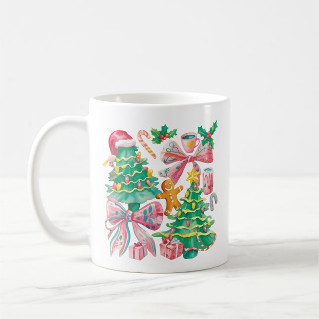 Caneca De Café Preppy Christmas Tree Bow Pink Blue Coquette (Esquerda)