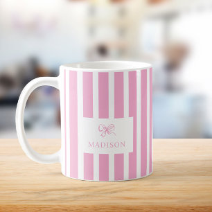 Caneca De Café Preppy Pink Stripes & Arco Nome Personalizado