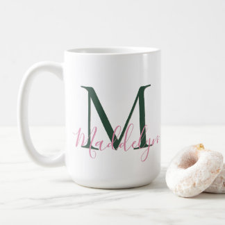 Caneca De Café Preppy Rosa e Verde Monograma Inicial Personalizad