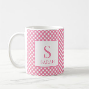 Caneca De Café Preppy Rosa Xadrez Monograma Nome