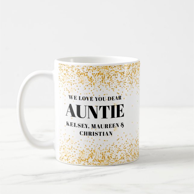 Caneca De Café Presente Brilho Dourado para Tia com Nomes  (Esquerda)