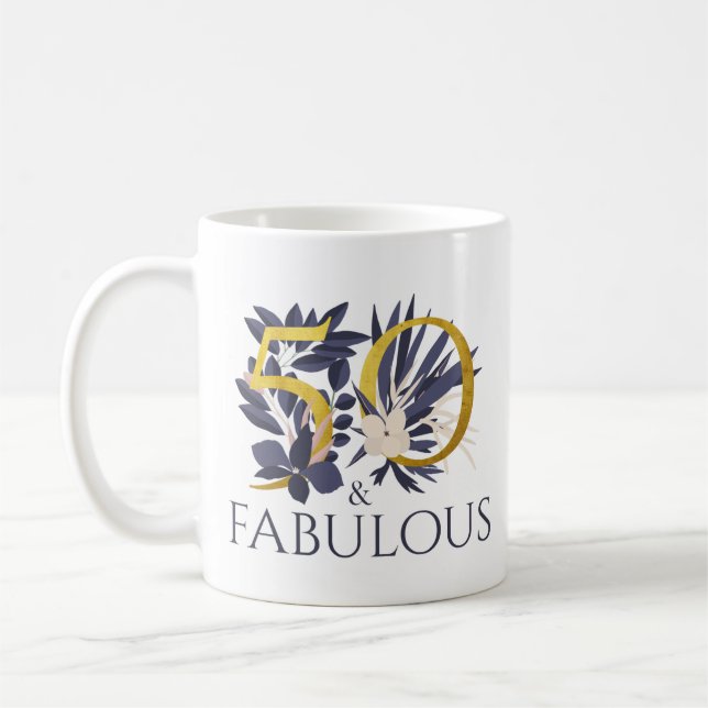 Caneca De Café Presente de Aniversário Elegante 50 e Azul Dourado (Esquerda)