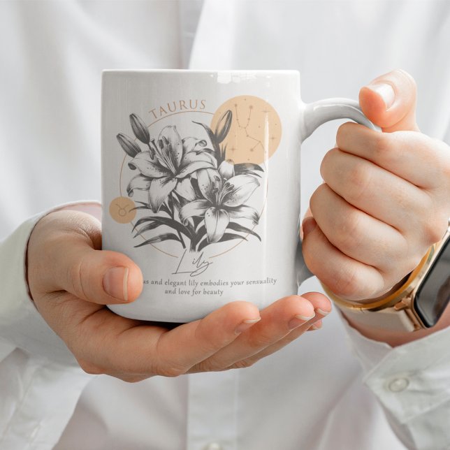 Caneca De Café Presente de Aniversário Flor de Lírio de Astrologi (Elegant Taurus Mug Floral Zodiac Coffee Mug Astrology Gift)