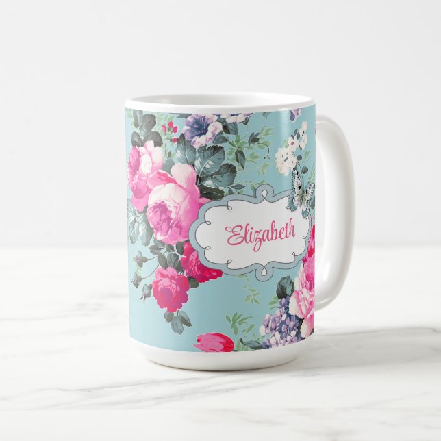 Caneca De Café Presente de Dia de as mães de borboleta e Rosa de  (Frente Esquerda)