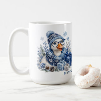 Caneca De Café Presente de Inverno de Hanuka Natal Ganso Azul
