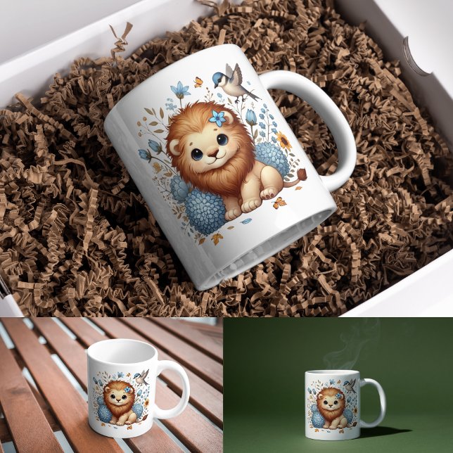 Caneca De Café Presente de Leão e Flores Azuis (Criador carregado)