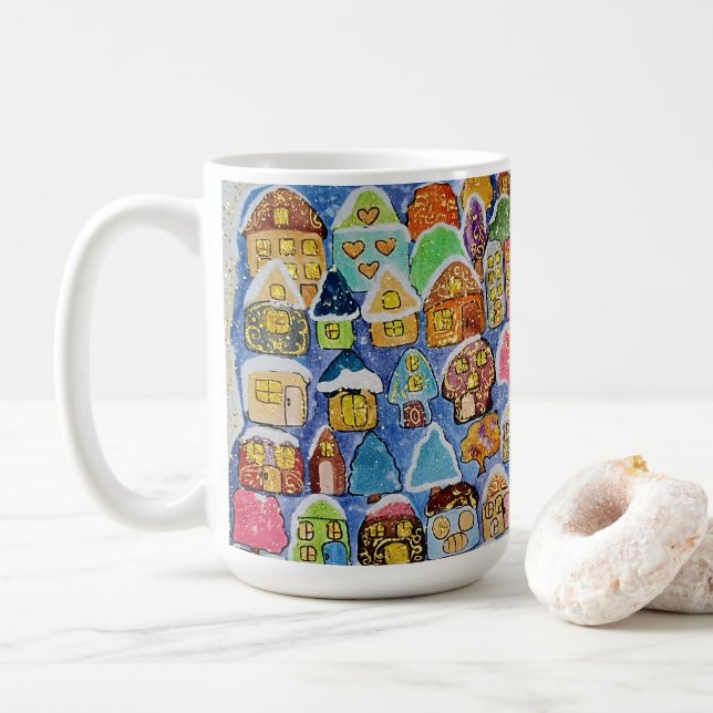Caneca De Café Presente de Natal de Arte Popular da Aldeia Invern (Com Donut)