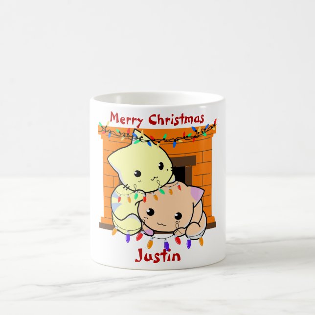 Caneca De Café presente de natal de gatos, nome personalizado (Centro)