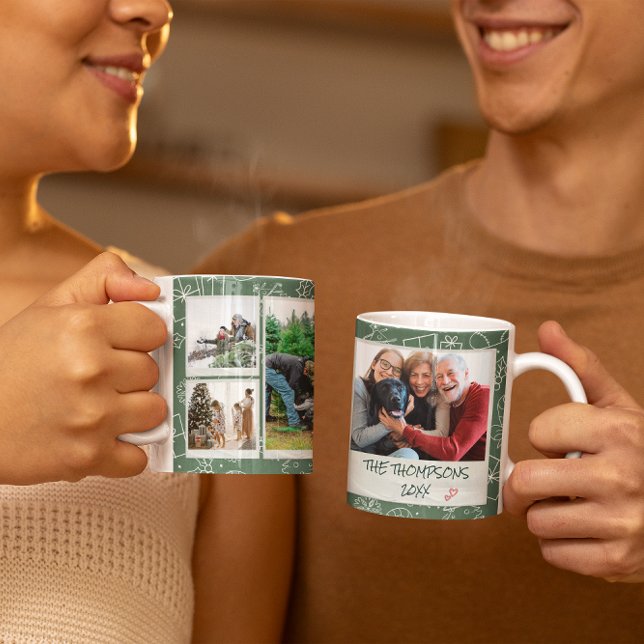 Caneca De Café Presente de Natal Família Multi Foto Doodles Verde (Criador carregado)