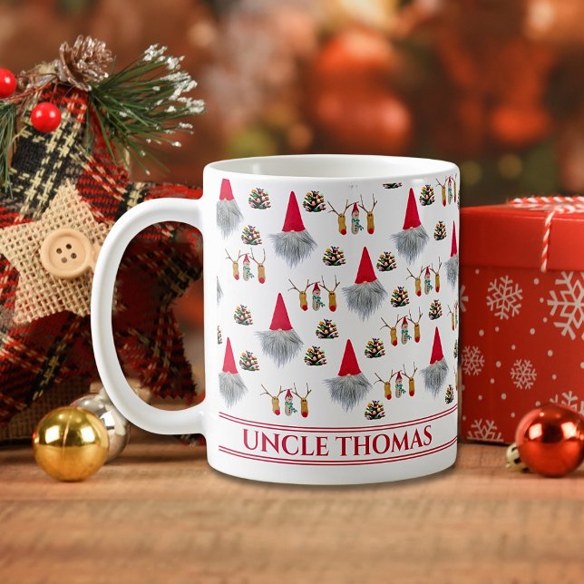 Caneca De Café Presente de Natal para Tio, Padrão de Gnome e Rena (Criador carregado)