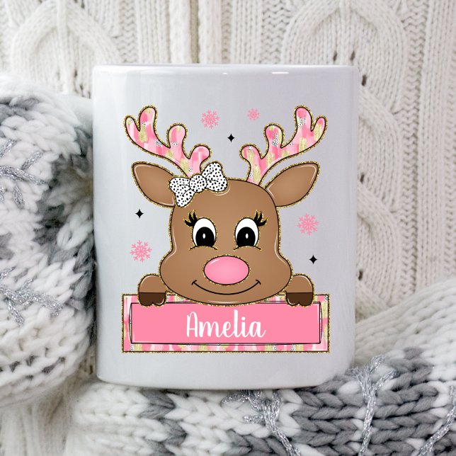 Caneca De Café Presente de Natal Rena Antler Pink Personalizado (Criador carregado)