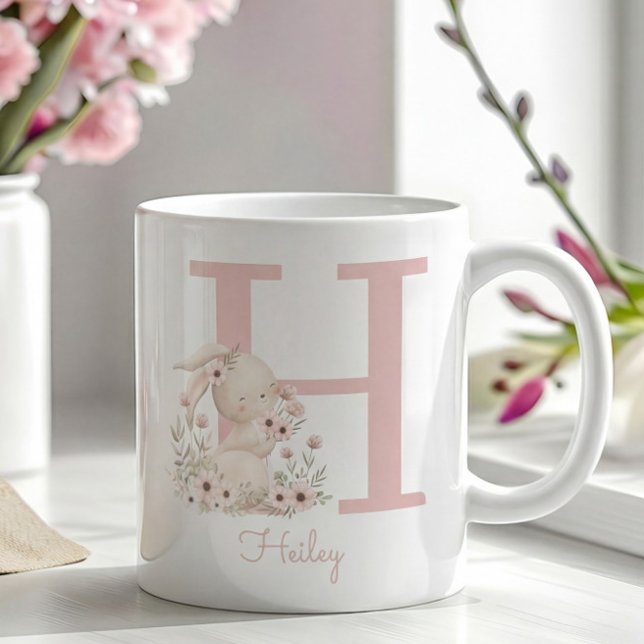 Caneca De Café Presente de Páscoa de Coelho Floral Personalizado  (Criador carregado)