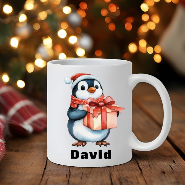 Caneca De Café Presente de Pinguim de Natal de Nome Personalizado (Custom Name Christmas Penguin Gift Coffee Mug)