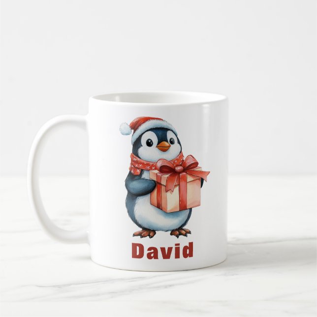 Caneca De Café Presente de Pinguim de Natal de Nome Personalizado (Esquerda)