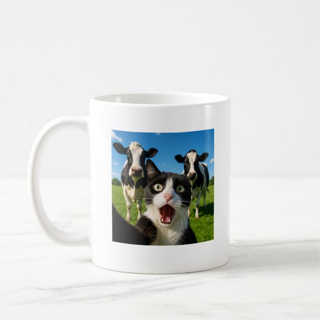 Caneca De Café Presente de Selfie de Gato Fofo e Vaca (Esquerda)