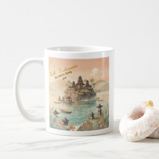 Caneca De Café Presente de Viagem Familiar Personalizado Bali Ind (Com Donut)