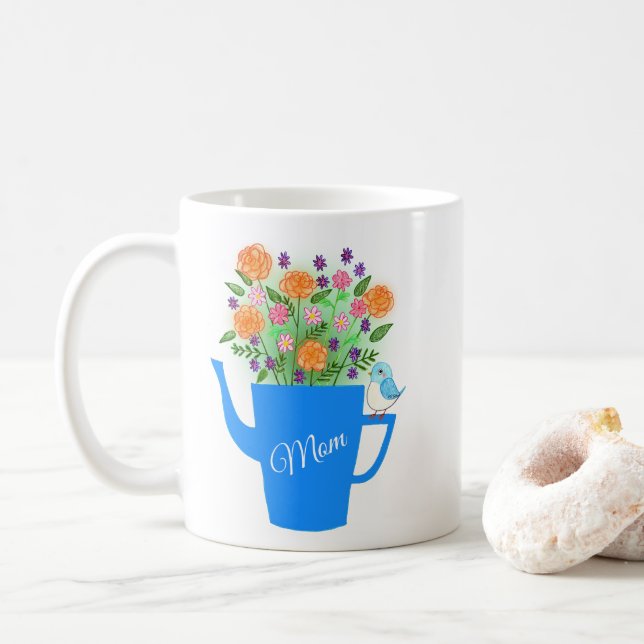 Caneca De Café Presente do Dia das Mães com Arte Floral de Pássar (Com Donut)