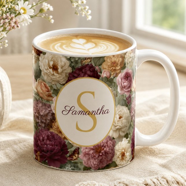 Caneca De Café Presente Floral Roxo Elegante com Nome para Ela (Criador carregado)