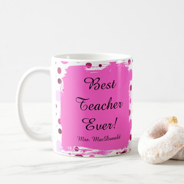 Caneca De Café Presente melhor professora já com bolinhas rosa (Com Donut)