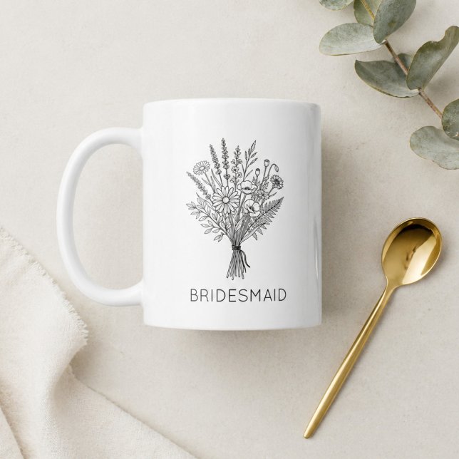 Caneca De Café Presente para Dama de Honra Floral Preto e Branco (Criador carregado)