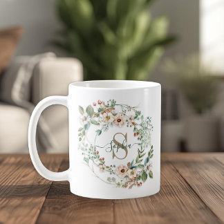 Caneca De Café Presente Personalizado de Monograma Floral Elegant