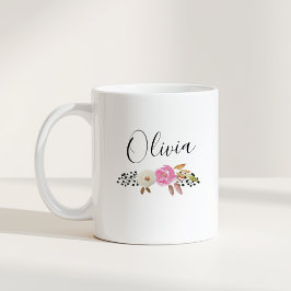 Caneca De Café Presente Personalizado de Nome com Caligrafia Flor