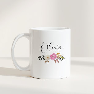 Caneca De Café Presente Personalizado de Nome com Caligrafia Flor