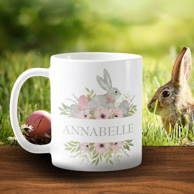 Caneca De Café Presente Personalizado do Bunny Personalizado da P (Vintage Watercolor Easter Bunny Personalized Gift Coffee Mug)