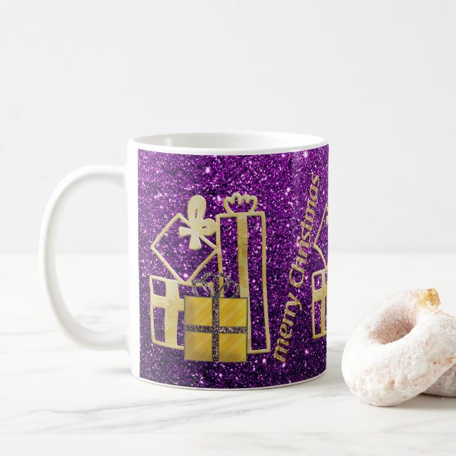 Caneca De Café Presentes de Natal Dourados com Brilho Falso Roxo (Com Donut)