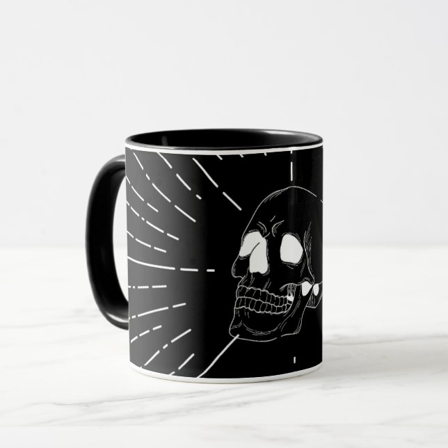 Caneca de Café Preta Arte de Crânio Gótico Minimal (Frente Esquerda)