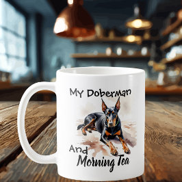 Caneca De Café Preto Bonito Em Branco ''Meu Doberman & Tea