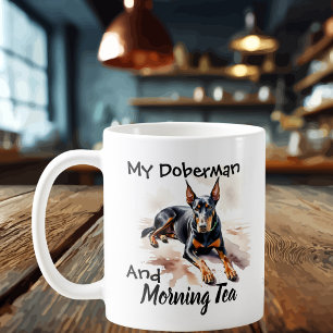 Caneca De Café Preto Bonito Em Branco ''Meu Doberman & Tea