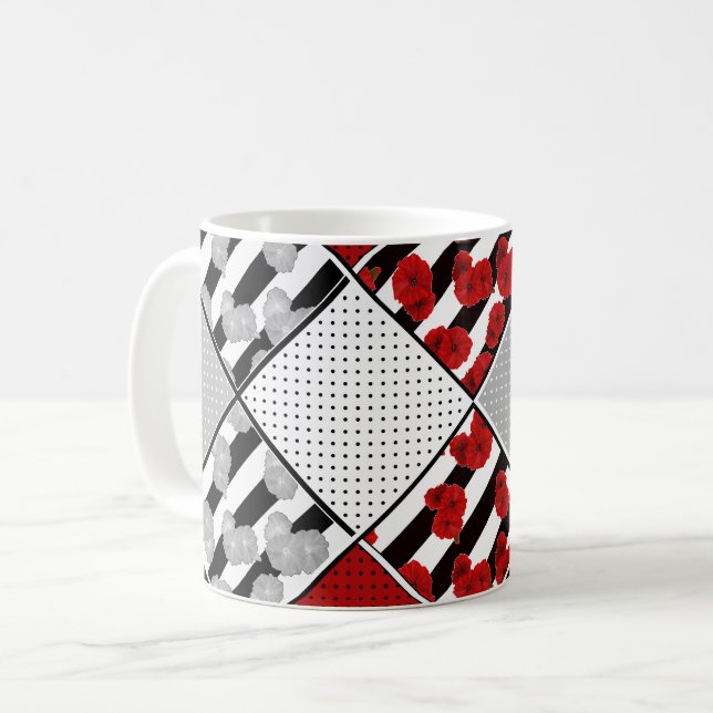 Caneca De Café Preto branco com remendo retrô vermelho (Frente Esquerda)