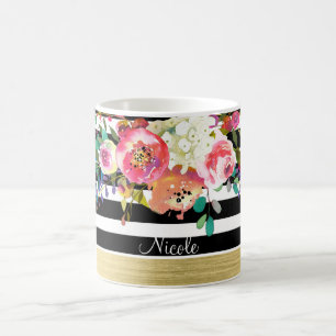 Caneca De Café Preto Branco Dourado Moderno Floral Glam Chique Pe