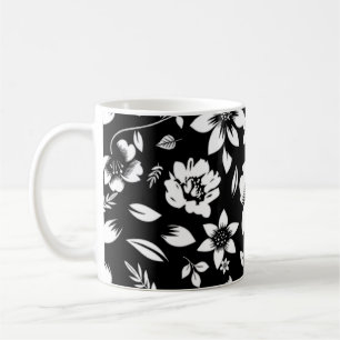Caneca De Café Preto Branco Folhas Florais Modernas Soprando