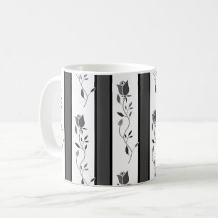 Caneca De Café Preto e branco cinza vintage listrado com rosas