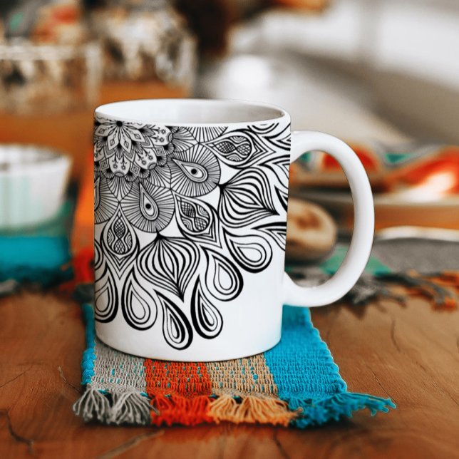 Caneca De Café Preto e Branco Mandala Trippy Hippie Psicélico (Criador carregado)