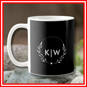 Caneca De Café Preto e Branco   Monograma de Iniciais Modernos