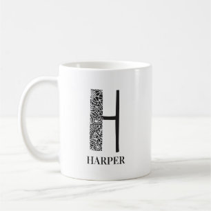 Caneca De Café Preto Floral Moderno e Branco Inicial
