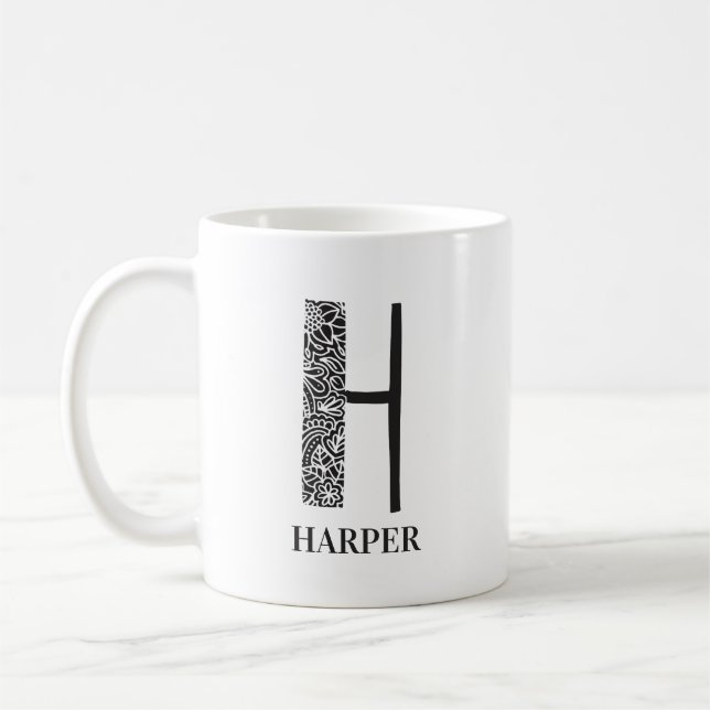 Caneca De Café Preto Floral Moderno e Branco Inicial (Esquerda)
