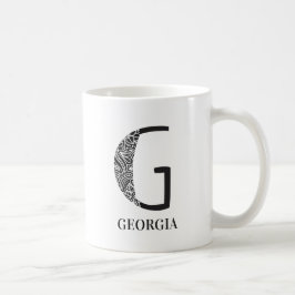 Caneca De Café Preto Floral Moderno e Branco Inicial G e Nome