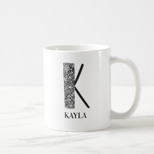 Caneca De Café Preto Floral Moderno e Branco Inicial K e Nome