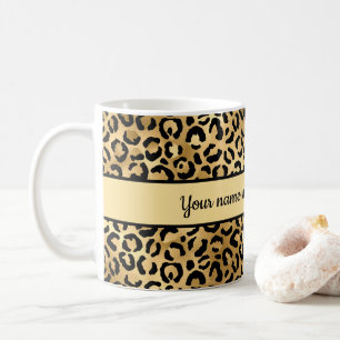 Caneca De Café Preto personalizado e Dourado Leopard Print Cheeta
