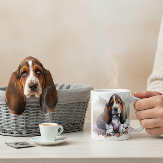 Caneca De Café Pretos e Marrons ''Basset Pup Personalize (Criador carregado)