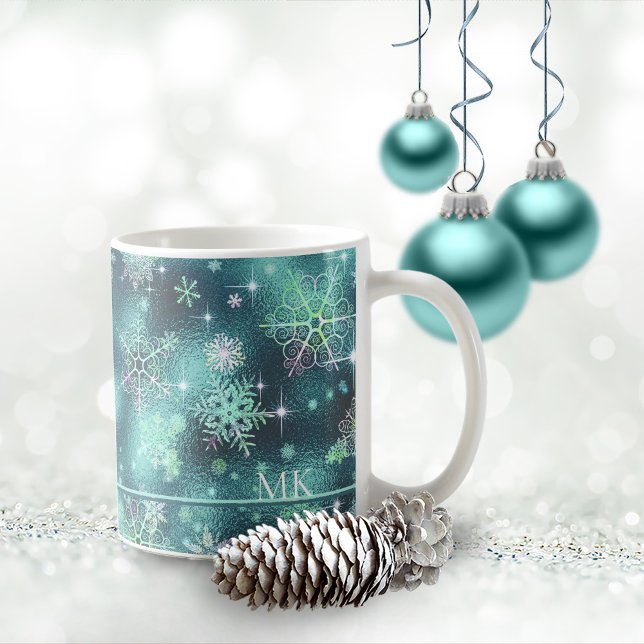 Caneca De Café Prettiest Snowflakes, Teal ID846 (Criador carregado)